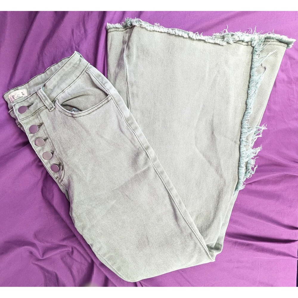 POL Bell Bottom Flare Raw Hem Fringe Boho Hippie Festival Button Fly Stretch